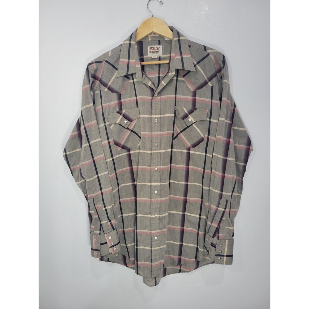 Ely Cattleman Mens XL Tall Grey Plaid Western Pearl Snap Long Sleeve‎ Shirt 1